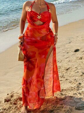 Orange Boho Women's Sexy Island Beach Resort Strapless Mesh Floral Print Dress